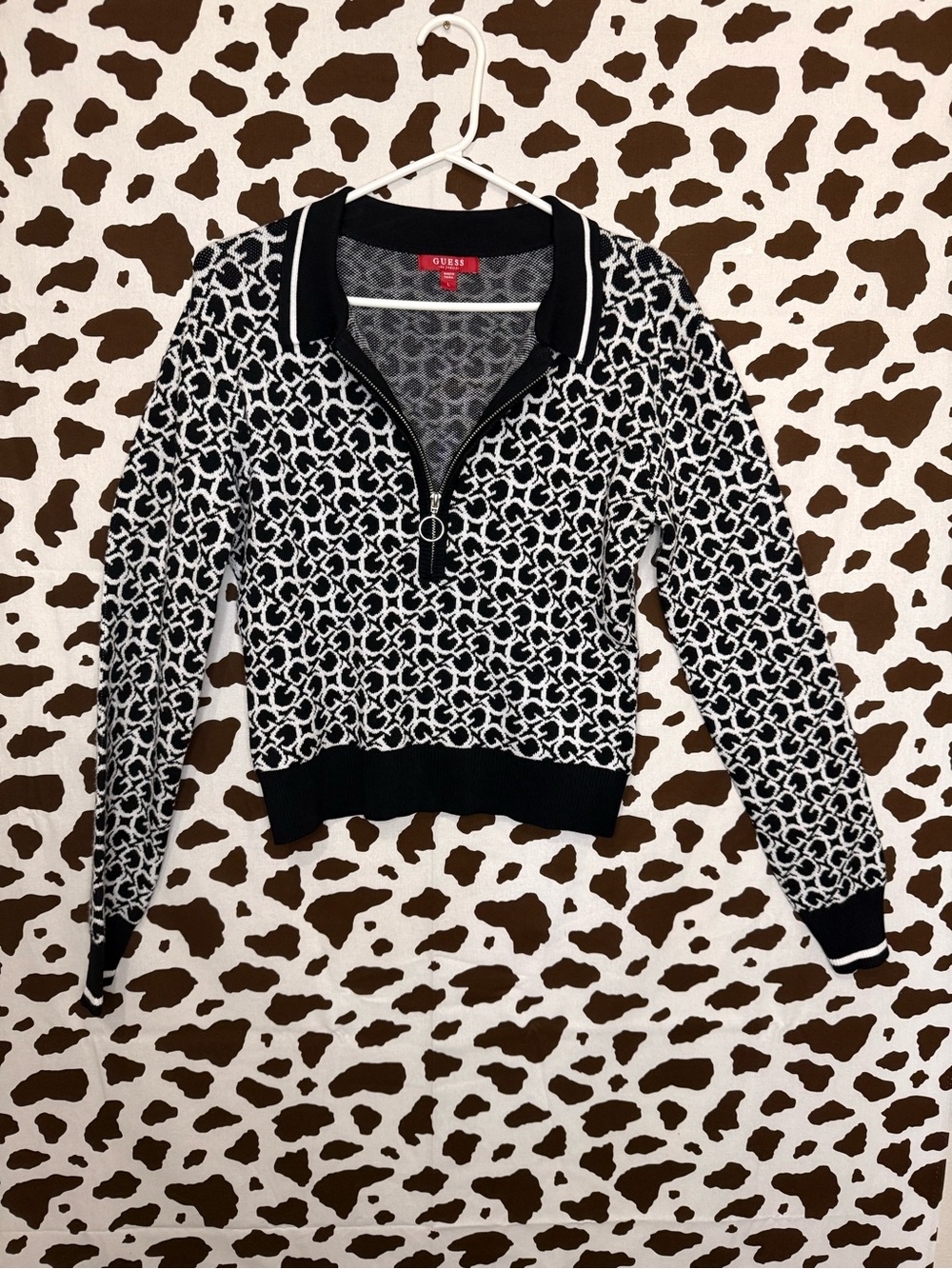 GUESS Women’s Black & White Geometric Knit Collared Half-Zip Sweater Size L